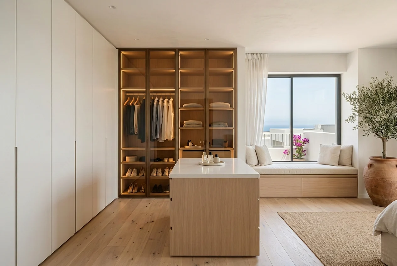 Made-to-measure white wardrobes, a lit oak and glass section and a window seat in a Canarian home