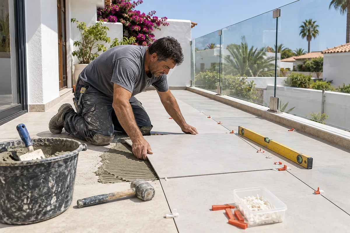 Tradesperson laying large light porcelain tiles on a terrace with glass balustrade